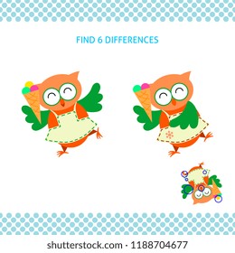 Find differences kids educational game. Cartoon smiling owl  with ice-cream