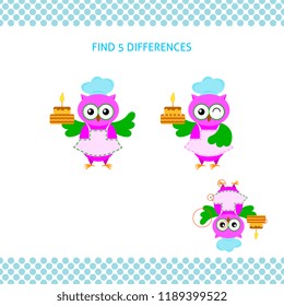 Find differences kids educational game. Cartoon owl-cook with cake
