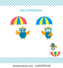 Find differences kids educational game. Cartoon owl in hat under umbrella 