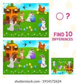 Encuentra diferencias en el juego de los niños con la caza vectorial de huevos de Pascua. Rompecabezas educativos para niños o ver 10 diferencias plantilla de hoja de cálculo con dibujos animados conejillos de Pascua, huevos pintados, hierba verde primavera y flores