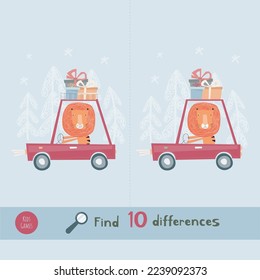 Encuentra las diferencias. Niños aprendiendo colección de juegos. El león al estilo de las caricaturas está montando un auto.
