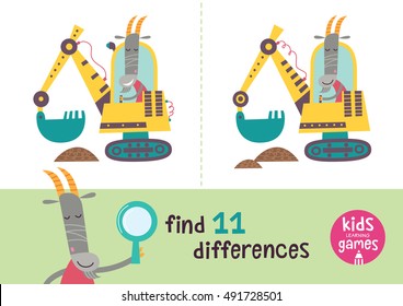 Find the differences. Kids learning games collection. Goat in a cartoon style and yellow excavator.