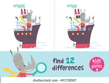 Find the differences. Kids learning games collection. Rhino in a cartoon style is going by boat.