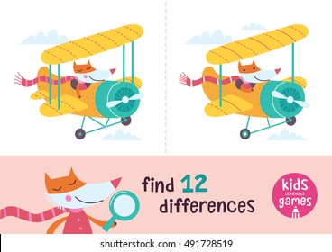 Find the differences. Kids learning games collection. Fox in a cartoon style is going by airplane.