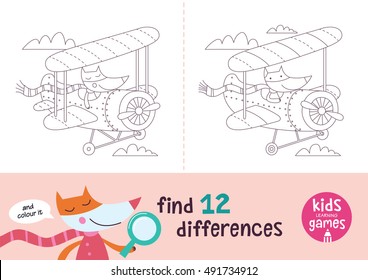Find the differences. Kids learning games collection. Fox in a cartoon style is going by airplane.