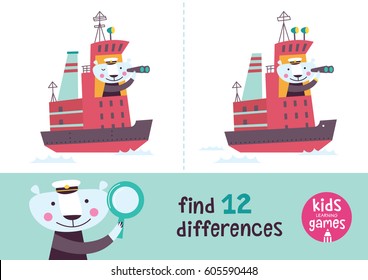 Find The Differences. Kids Learning Games Collection. Polar Bear In A Cartoon Style Is Riding A Ship.