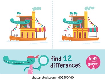 Find The Differences. Kids Learning Games Collection. Crocodile In A Cartoon Style Is Riding A Boat.