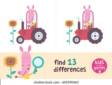 Find the differences. Kids learning games collection. Pig in a cartoon style is going by tractor.