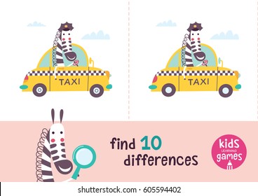 Find The Differences. Kids Learning Games Collection. Zebra In A Cartoon Style Is Going By Car.
