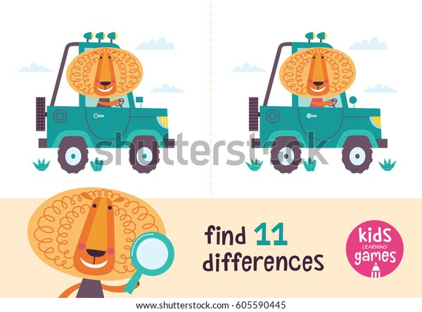 Find the differences. Kids\
learning games collection. Lion in a cartoon style is going by\
car.