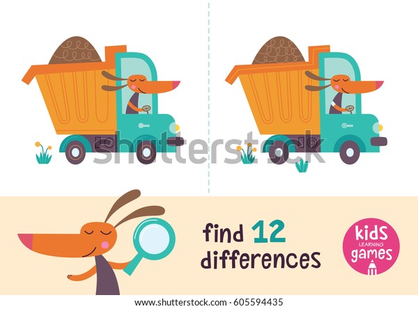 Find the differences. Kids\
learning games collection. Dog in a cartoon style is going by\
truck.