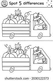 Find differences line game for children. Thanksgiving coloring activity with funny turkey driving a van with pumpkins. Fall printable worksheet. Autumn black and white holiday puzzle for kids
