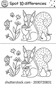 Find differences line game for kids. Black and white Autumn forest educational activity with squirrel and acorn. Printable worksheet with cute animal. Woodland puzzle. Fall preschool coloring page
