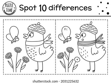 Find differences line game for kids. Black and white Autumn forest educational activity with bird, moth, flowers. Printable worksheet with cute animal. Woodland puzzle. Fall preschool coloring page
