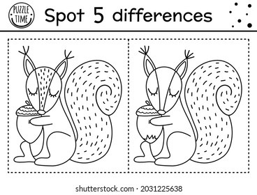 Find Differences Line Game For Kids. Black And White Autumn Forest Educational Activity With Squirrel And Acorn. Printable Worksheet With Cute Animal. Woodland Puzzle. Fall Preschool Coloring Page
