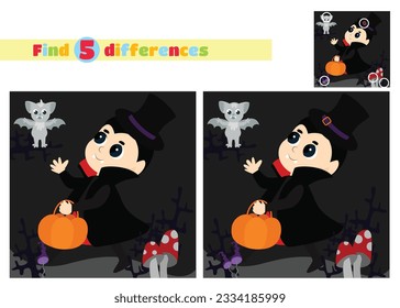 Find the differences. A little boy dressed in a vampire costume cheerfully runs with a basket of pumpkins against the background of bushes and fly agaric mushrooms for Halloween. 
