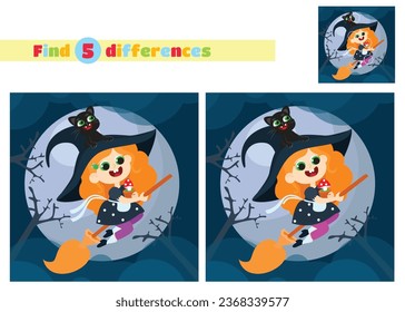 Find the differences. A little witch flies on a broom at night. Halloween character. Educational games for children in schools, kindergartens, cafes.