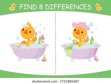 Localizar diferenças. Pequeno pato amarelo tomar banho com bolhas de sabão, xampu. Jogo educacional para crianças pequenas. Tempo de banho hoje cena vetor