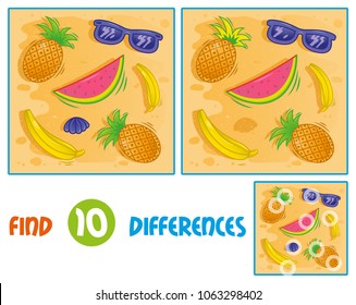 Find differences logic education interactive game for children. Icons set  elements related with sand summer time holiday vacation sea hot beach ocean sunglasses tropical fruits pineapple watermelon.