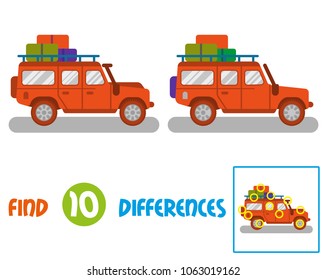 Find differences logic game for children. Big orange SUV for transportation. Modern vector style illustration icon flat design.