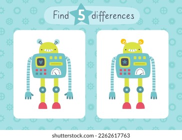 Find differences mini game for kids with cute robot. Funny game with cartoon robot for baby boys.