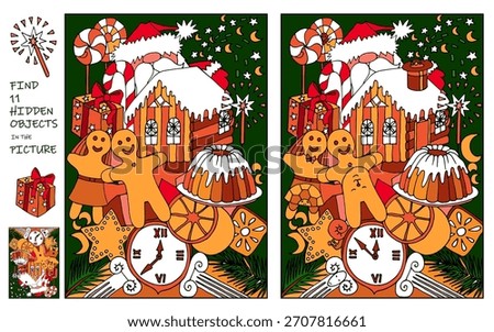 Find the differences in the picture. Christmas and New Year holidays. Santa with Candy, Gingerbread house, Gingerbread cookies, Clock, Gift. Find hidden objects. Winter puzzle game.  Vector 