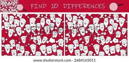 Find the differences in the picture. Crowd of Santa Clauses. Find hidden objects in the picture. Christmas puzzle game for kids. Sketch vector illustration