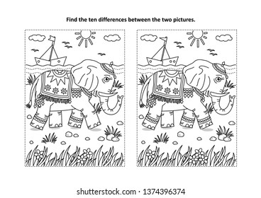 Find the differences picture puzzle and coloring page with beautiful elephant walking along the seashore