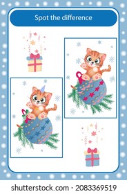 Find the differences in the pictures. A cute tiger cub sits on a Christmas tree toy. New Year vector illustration for vigorous activities of children.