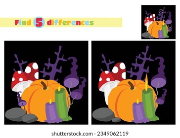 Find the differences. Pumpkin and mushrooms toadstool and amanita and ritual candles and branches on a black background. Mystical atmosphere in a cartoon style. Vector Halloween collage.