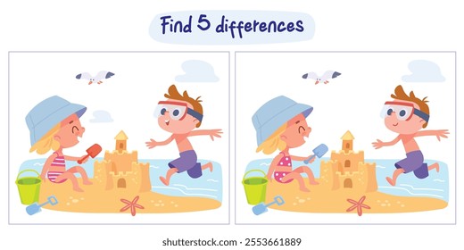 Find the differences puzzle game. Attention task. Worksheet. Puzzle Hidden Items. Educational game for children. Cartoon characters. Find hidden objects in the picture. Kids on summer holiday weekend 