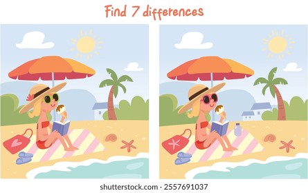 Find the differences puzzle game. Attention task. Worksheet. Woman enjoying summer vacation, sunbathing siting on beach on seaside at sea at tropical resort with palm trees. Puzzle Hidden Items.