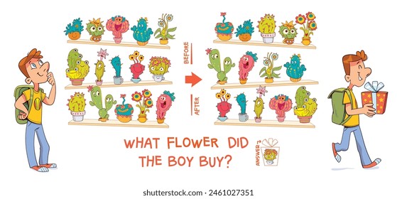 Find the differences puzzle game. What flower did the boy buy? Find hidden objects in the picture. Puzzle Hidden Items. Educational game for children. Cartoon characters. Attention task. Worksheet