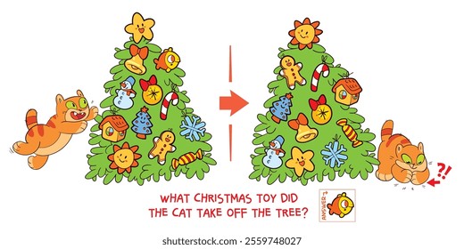 Find the differences puzzle game. What Christmas toy did the cat take off the tree? Find hidden objects in the picture. Puzzle Hidden Items. Educational game for children