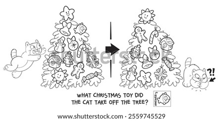 Find the differences puzzle game. What Christmas toy did the cat take off the tree? Find hidden objects in the picture. Puzzle Hidden Items. Educational game for children