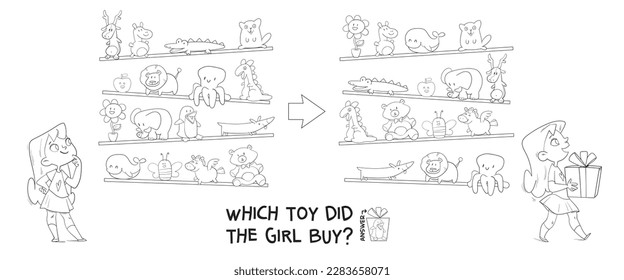 Find the differences puzzle game. Which toy did the girl buy? Find hidden objects in the picture. Puzzle Hidden Items. Educational game for children. Coloring book. Cartoon characters