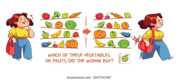 Encuentra las diferencias juego de puzzle. ¿Cuál de estas verduras o frutas compró la mujer en la tienda de comestibles? Encuentra objetos ocultos en la imagen. Objetos ocultos de rompecabezas. Juego educativo para niños