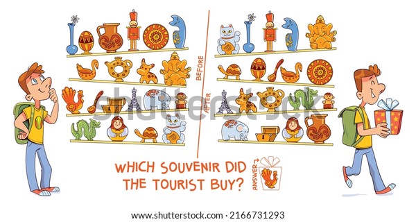 Find the\
differences puzzle game. Which souvenir did the tourist buy? Find\
hidden objects in the picture. Puzzle Hidden Items. Funny cartoon\
character. Vector\
illustration