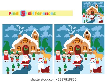 Find the differences. Santa Claus house close with Santa, wife, elves, snowman, deer and sled. Fairytale Christmas vector landscape.