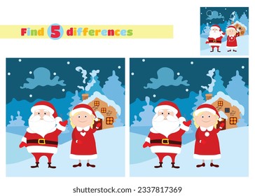 Find the differences. Santa Claus and Mrs. Santa are standing in front of their house and waving their arms against the backdrop of a fabulous winter landscape. 