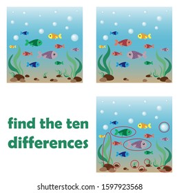 Find differences. Sea fish. Underwater world. Ocean. Vector illustration for children.