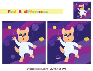 Find the differences. A small dog in an astronaut suit and helmet flies in space in a cartoon style. An educational game for children in elementary school or kindergarten.