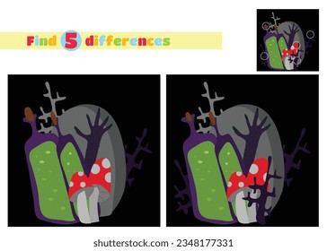 Find the differences. Tombstone, stretching purple scary hairy hand with claws, branches, amanita mushrooms and bottles of potion on a black background. Mystical atmosphere in a cartoon style.