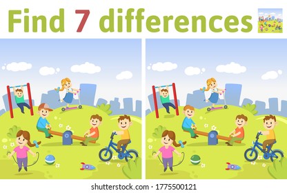 Find the differences in two colored pictures. Children riddle game with kids playing at the plyground. English language educational game sheet. Colorful flat vector illustration.