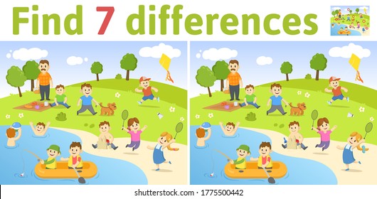 Find the differences in two colored pictures. Children riddle game with characters playing in the park by the lake. English language education sheet. Colorful flat vector illustration.