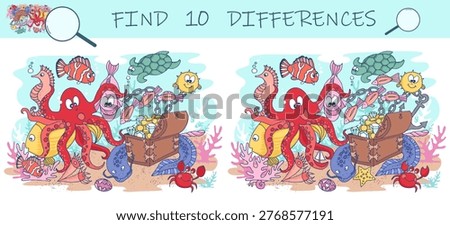 Find the differences. Underwater world. Marine animals and fish life. Hidden object puzzle game. Vector illustration of funny cartoon characters.