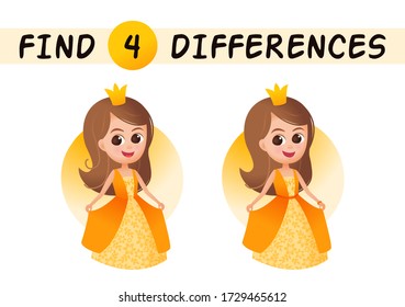 Find differences visual educational game for children, cartoon princess 