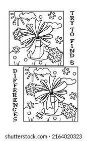 Find differences visual puzzle or picture riddle with gift box or present and bow. Black and white.
