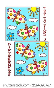 Find differences visual puzzle or picture riddle with butterflies, sun, flower. 
