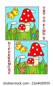 Find differences visual puzzle or picture riddle with toadstools and butterfly. 
